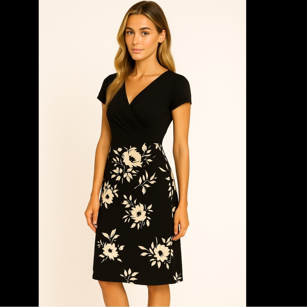 Black and White Midi Sheath Dress with Crew Neck